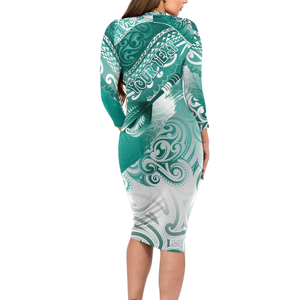 Personalised New Zealand Aotearoa Darts Masters Long Sleeve Bodycon Dress Maori Art Tattoo with Tribal Dart Symbol Teal Color - Polynesian Pride