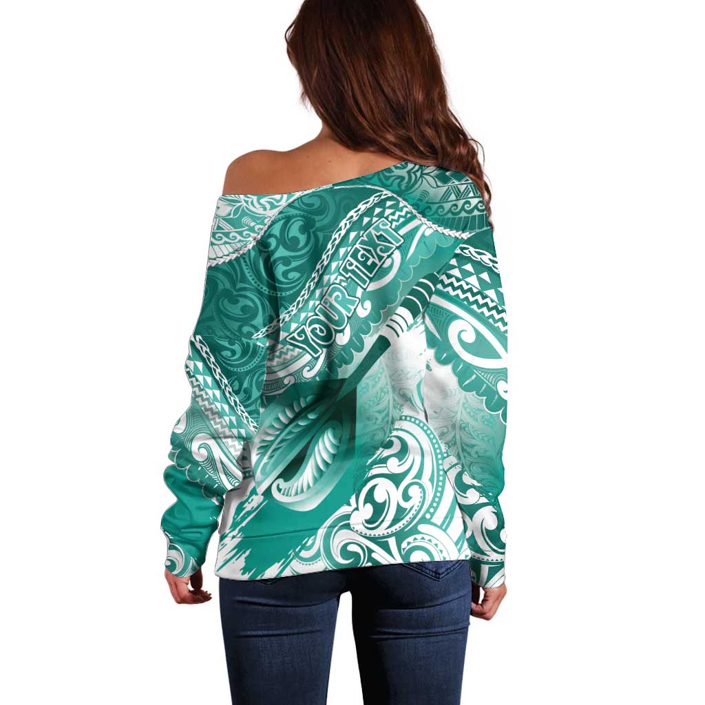 Personalised New Zealand Aotearoa Darts Masters Off Shoulder Sweater Maori Art Tattoo with Tribal Dart Symbol Teal Color LT03 - Polynesian Pride