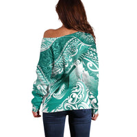 Personalised New Zealand Aotearoa Darts Masters Off Shoulder Sweater Maori Art Tattoo with Tribal Dart Symbol Teal Color LT03 - Polynesian Pride