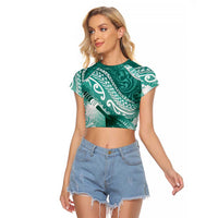 Personalised New Zealand Aotearoa Darts Masters Raglan Cropped T Shirt Maori Art Tattoo with Tribal Dart Symbol Teal Color - Polynesian Pride