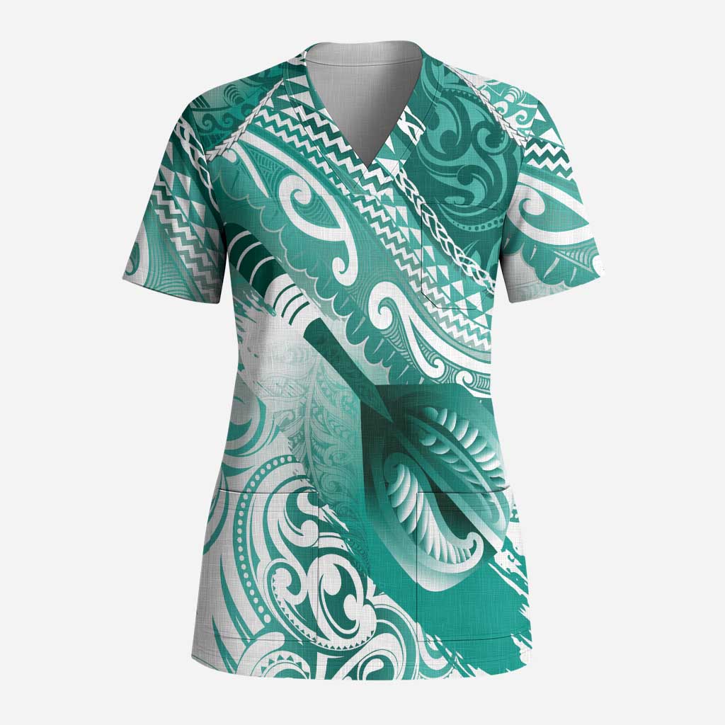 Personalised New Zealand Aotearoa Darts Masters Scrub Top Maori Art Tattoo with Tribal Dart Symbol Teal Color - Polynesian Pride