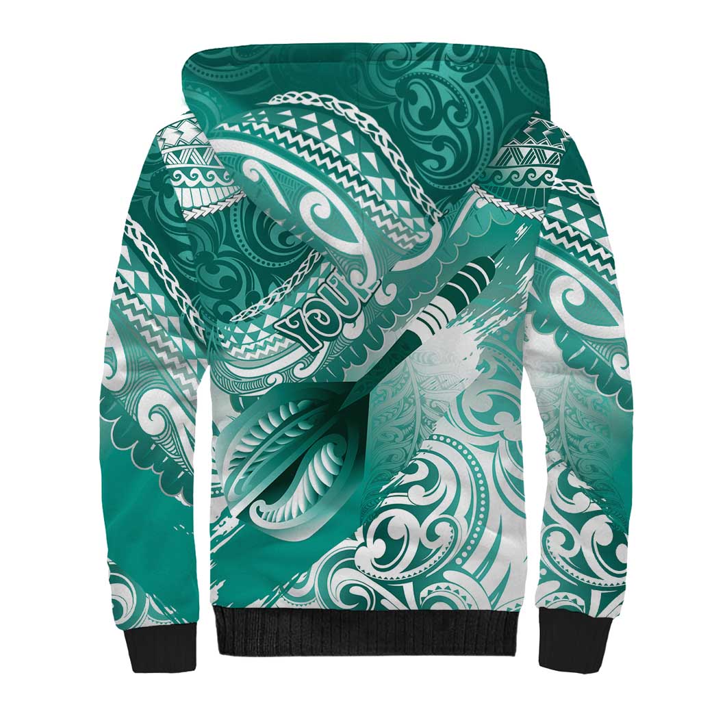 Personalised New Zealand Aotearoa Darts Masters Sherpa Hoodie Maori Art Tattoo with Tribal Dart Symbol Teal Color - Polynesian Pride