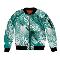 Personalised New Zealand Aotearoa Darts Masters Sleeve Zip Bomber Jacket Maori Art Tattoo with Tribal Dart Symbol Teal Color - Polynesian Pride