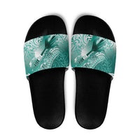 Personalised New Zealand Aotearoa Darts Masters Slide Sandals Maori Art Tattoo with Tribal Dart Symbol Teal Color - Polynesian Pride