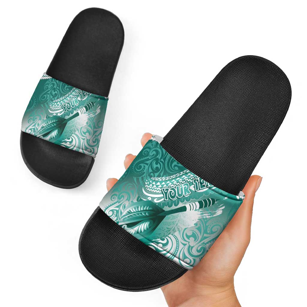 Personalised New Zealand Aotearoa Darts Masters Slide Sandals Maori Art Tattoo with Tribal Dart Symbol Teal Color - Polynesian Pride