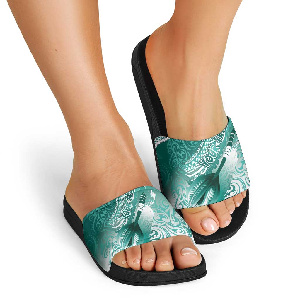 Personalised New Zealand Aotearoa Darts Masters Slide Sandals Maori Art Tattoo with Tribal Dart Symbol Teal Color - Polynesian Pride