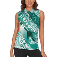 Personalised New Zealand Aotearoa Darts Masters Women Sleeveless Polo Shirt Maori Art Tattoo with Tribal Dart Symbol Teal Color - Polynesian Pride