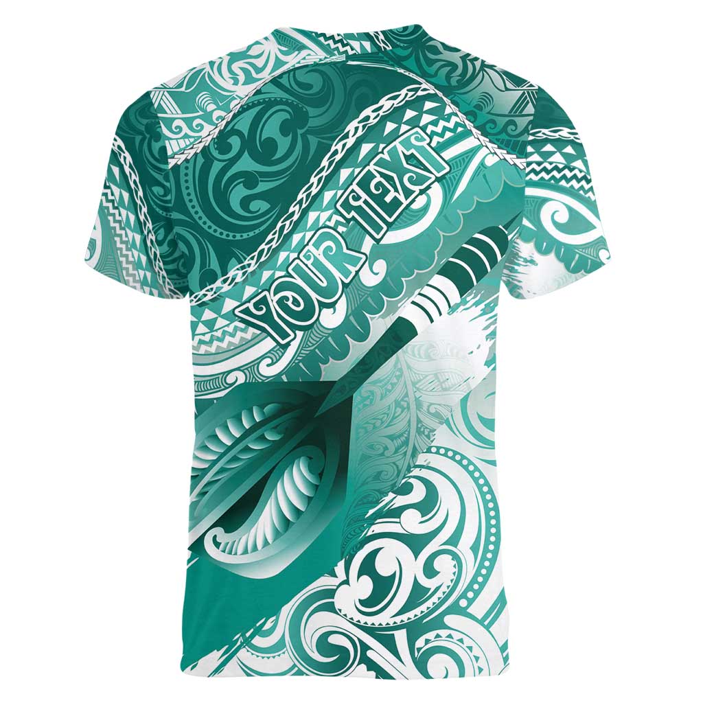 Personalised New Zealand Aotearoa Darts Masters Women V-Neck T-Shirt Maori Art Tattoo with Tribal Dart Symbol Teal Color - Polynesian Pride