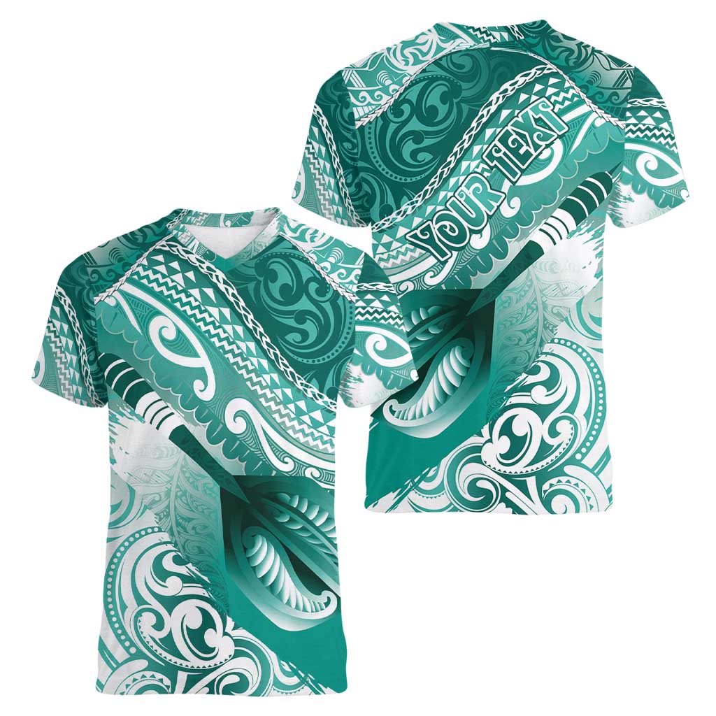 Personalised New Zealand Aotearoa Darts Masters Women V-Neck T-Shirt Maori Art Tattoo with Tribal Dart Symbol Teal Color - Polynesian Pride