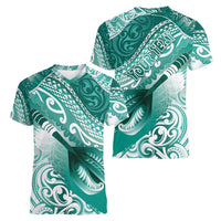 Personalised New Zealand Aotearoa Darts Masters Women V-Neck T-Shirt Maori Art Tattoo with Tribal Dart Symbol Teal Color - Polynesian Pride