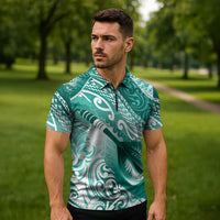 Personalised New Zealand Aotearoa Darts Masters Zipper Polo Shirt Maori Art Tattoo with Tribal Dart Symbol Teal Color - Polynesian Pride