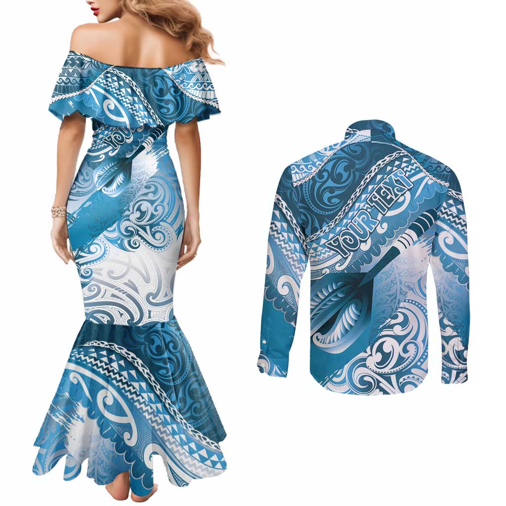 Personalised New Zealand Aotearoa Darts Masters Couples Matching Mermaid Dress and Long Sleeve Button Shirt Maori Art Tattoo with Tribal Dart Symbol Blue - Polynesian Pride