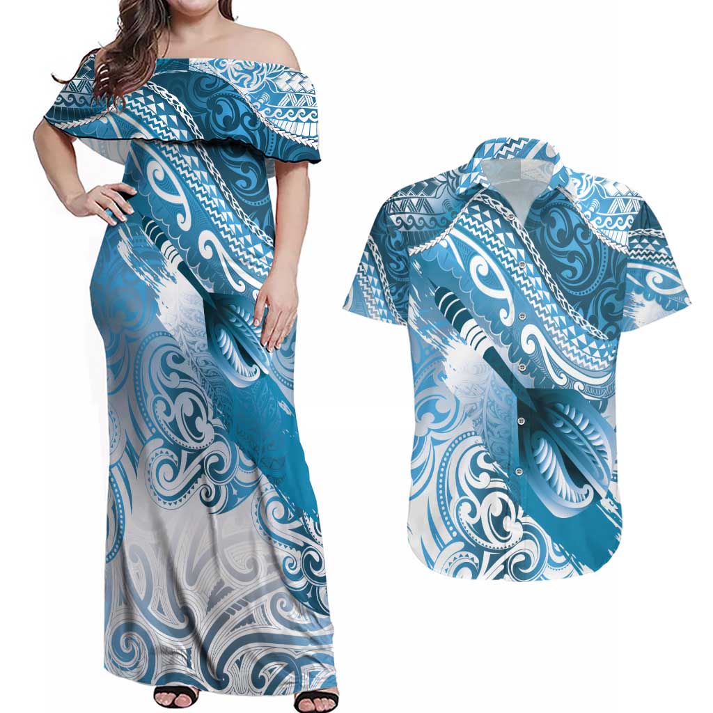Personalised New Zealand Aotearoa Darts Masters Couples Matching Off Shoulder Maxi Dress and Hawaiian Shirt Maori Art Tattoo with Tribal Dart Symbol Blue - Polynesian Pride