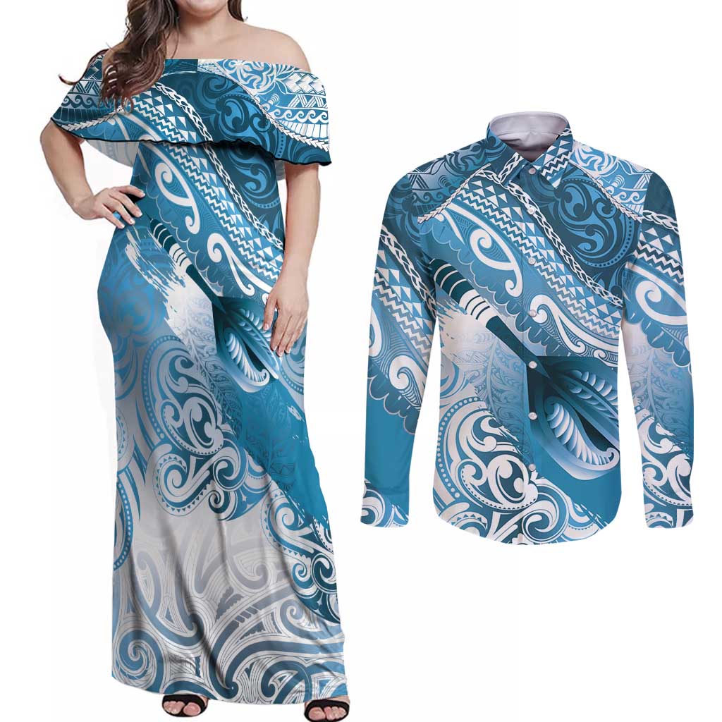 Personalised New Zealand Aotearoa Darts Masters Couples Matching Off Shoulder Maxi Dress and Long Sleeve Button Shirt Maori Art Tattoo with Tribal Dart Symbol Blue - Polynesian Pride