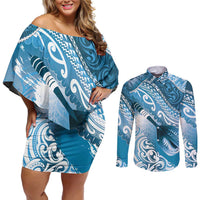 Personalised New Zealand Aotearoa Darts Masters Couples Matching Off Shoulder Short Dress and Long Sleeve Button Shirt Maori Art Tattoo with Tribal Dart Symbol Blue - Polynesian Pride