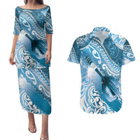 Personalised New Zealand Aotearoa Darts Masters Couples Matching Puletasi and Hawaiian Shirt Maori Art Tattoo with Tribal Dart Symbol Blue - Polynesian Pride