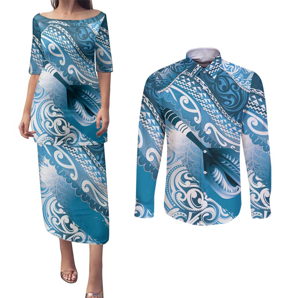 Personalised New Zealand Aotearoa Darts Masters Couples Matching Puletasi and Long Sleeve Button Shirt Maori Art Tattoo with Tribal Dart Symbol Blue - Polynesian Pride