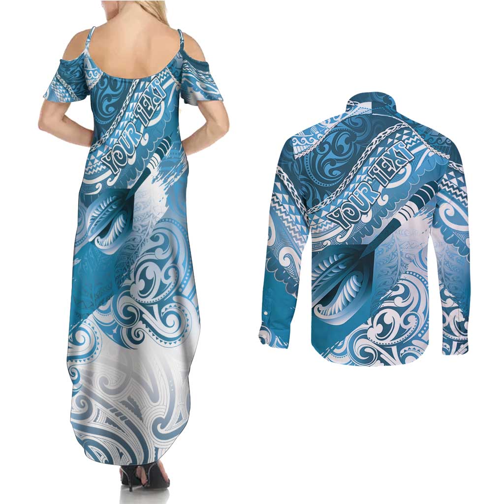 Personalised New Zealand Aotearoa Darts Masters Couples Matching Summer Maxi Dress and Long Sleeve Button Shirt Maori Art Tattoo with Tribal Dart Symbol Blue - Polynesian Pride