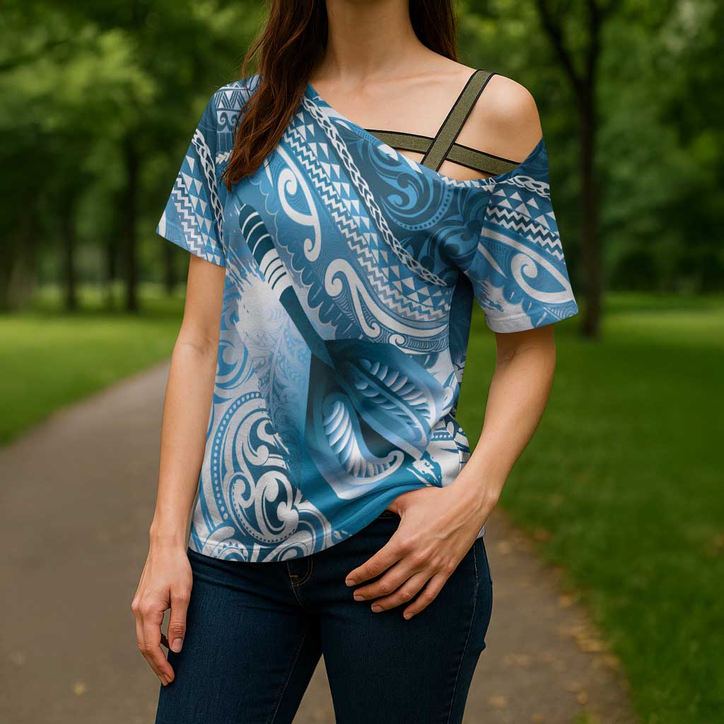 Personalised New Zealand Aotearoa Darts Masters Cross Shoulder Shirt Maori Art Tattoo with Tribal Dart Symbol Blue - Polynesian Pride