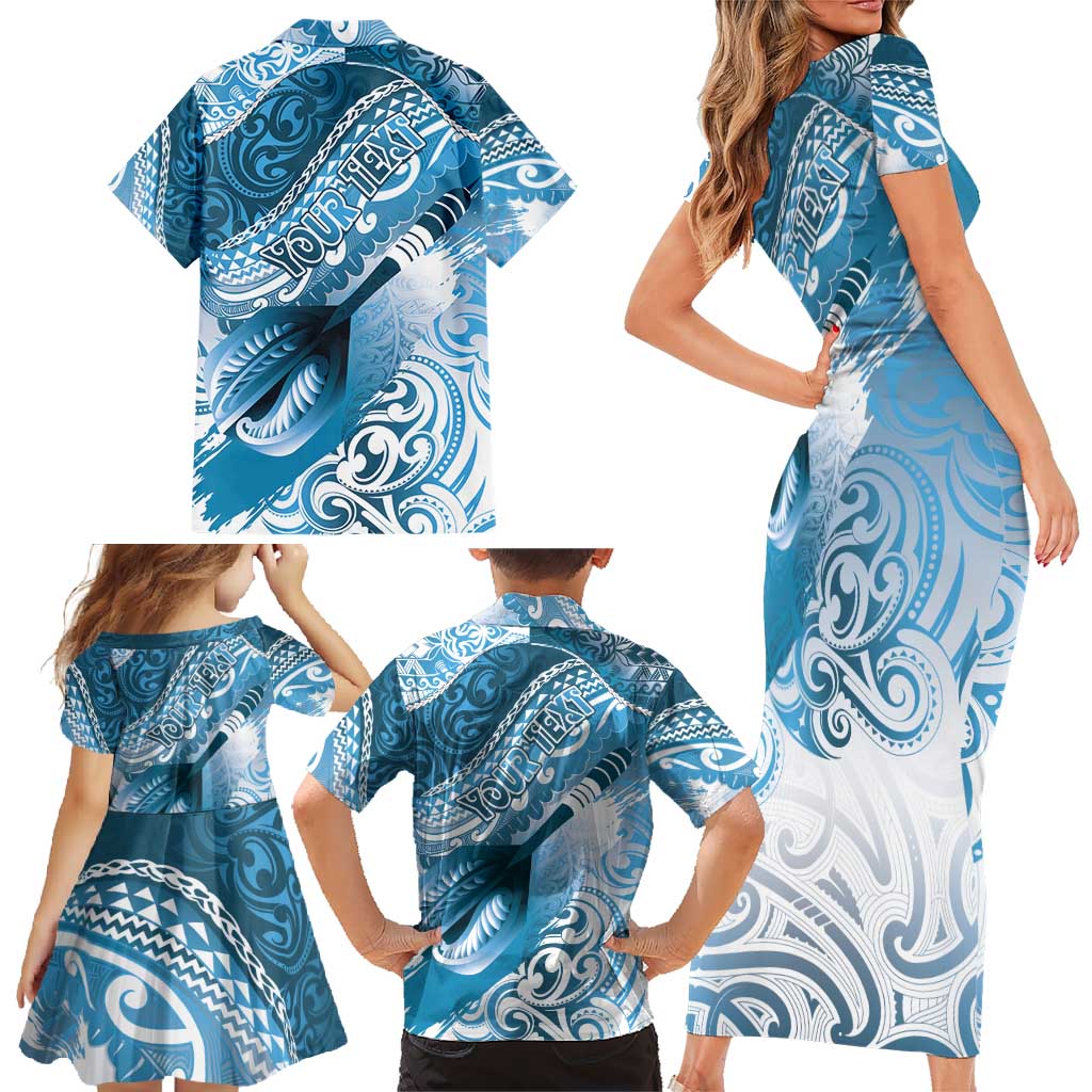 Personalised New Zealand Aotearoa Darts Masters Family Matching Short Sleeve Bodycon Dress and Hawaiian Shirt Maori Art Tattoo with Tribal Dart Symbol Blue - Polynesian Pride