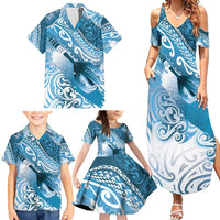 Personalised New Zealand Aotearoa Darts Masters Family Matching Summer Maxi Dress and Hawaiian Shirt Maori Art Tattoo with Tribal Dart Symbol Blue - Polynesian Pride