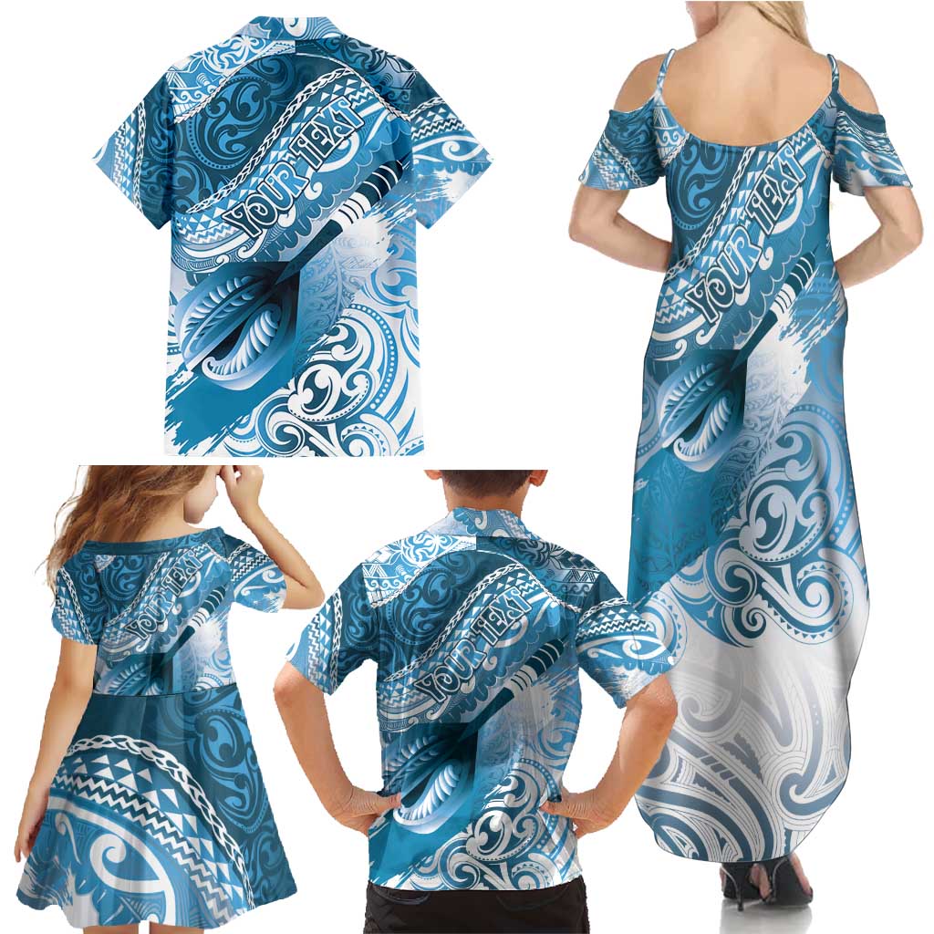 Personalised New Zealand Aotearoa Darts Masters Family Matching Summer Maxi Dress and Hawaiian Shirt Maori Art Tattoo with Tribal Dart Symbol Blue - Polynesian Pride
