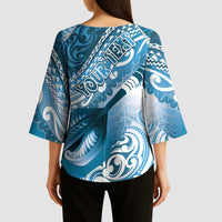 Personalised New Zealand Aotearoa Darts Masters Kimono Sleeve Blouse Maori Art Tattoo with Tribal Dart Symbol Blue - Polynesian Pride