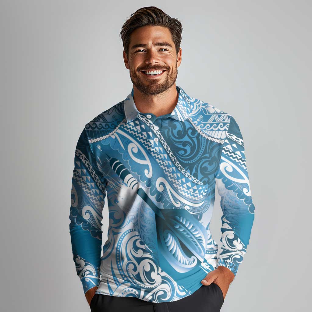 Personalised New Zealand Aotearoa Darts Masters Long Sleeve Polo Shirt Maori Art Tattoo with Tribal Dart Symbol Blue - Polynesian Pride
