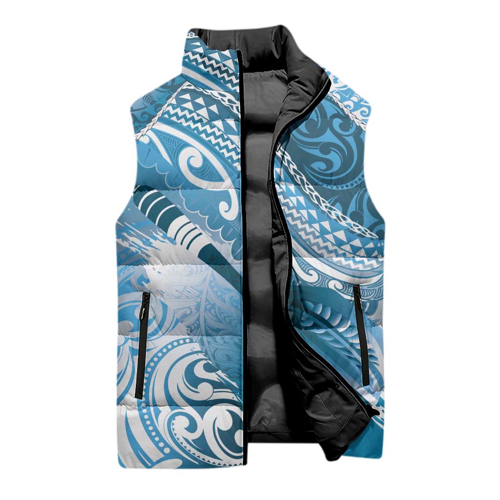 Personalised New Zealand Aotearoa Darts Masters Sleeveless Puffer Jacket Maori Art Tattoo with Tribal Dart Symbol Blue - Polynesian Pride