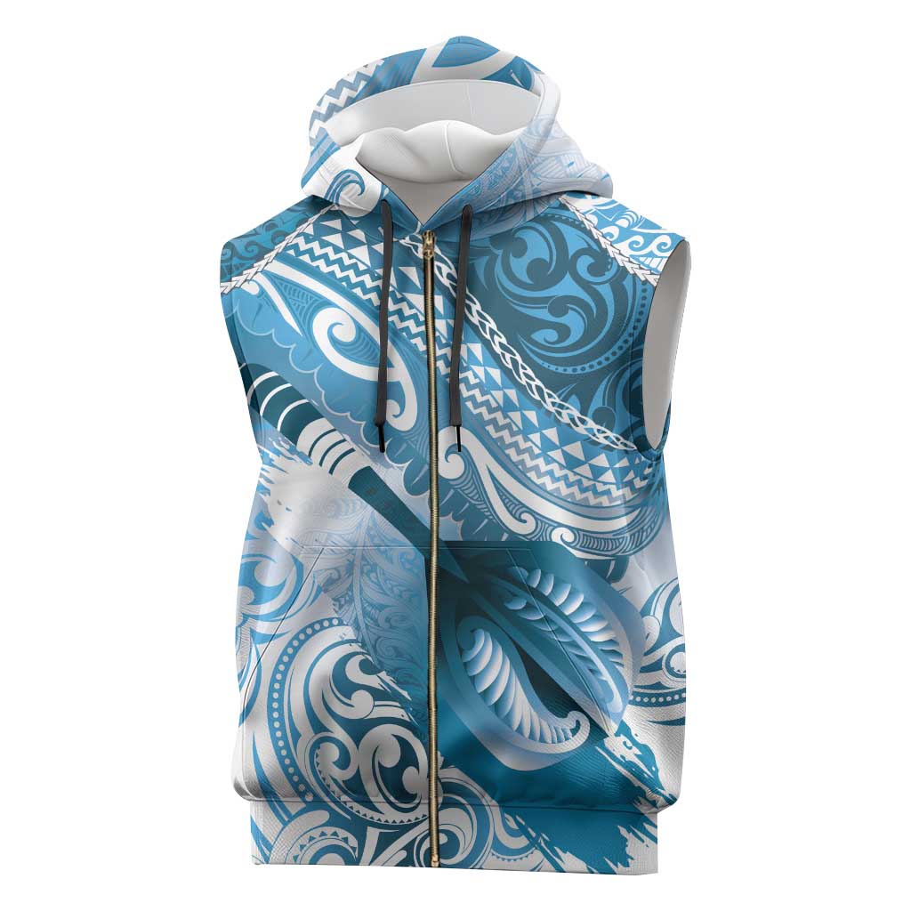 Personalised New Zealand Aotearoa Darts Masters Sleeveless Zip Hoodie Maori Art Tattoo with Tribal Dart Symbol Blue - Polynesian Pride