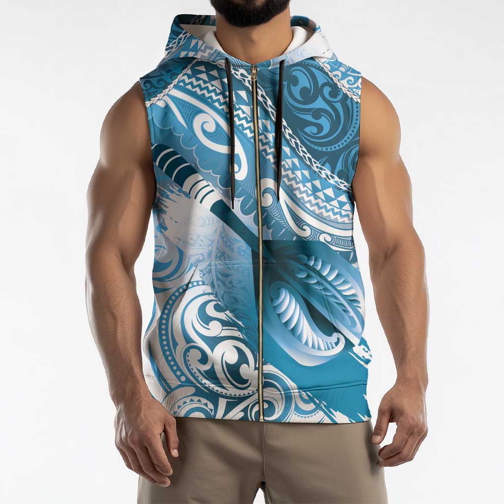 Personalised New Zealand Aotearoa Darts Masters Sleeveless Zip Hoodie Maori Art Tattoo with Tribal Dart Symbol Blue - Polynesian Pride