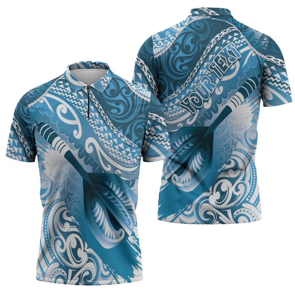 Personalised New Zealand Aotearoa Darts Masters Zipper Polo Shirt Maori Art Tattoo with Tribal Dart Symbol Blue - Polynesian Pride