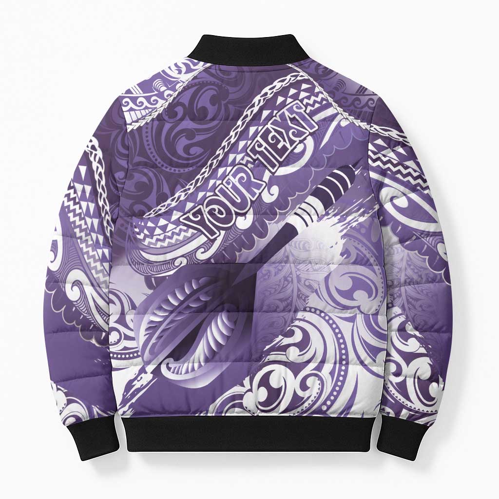 Personalised New Zealand Aotearoa Darts Masters Bomber Puffer Jacket Maori Art Tattoo with Tribal Dart Symbol Purple - Polynesian Pride