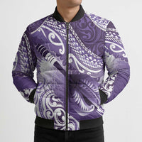 Personalised New Zealand Aotearoa Darts Masters Bomber Puffer Jacket Maori Art Tattoo with Tribal Dart Symbol Purple - Polynesian Pride