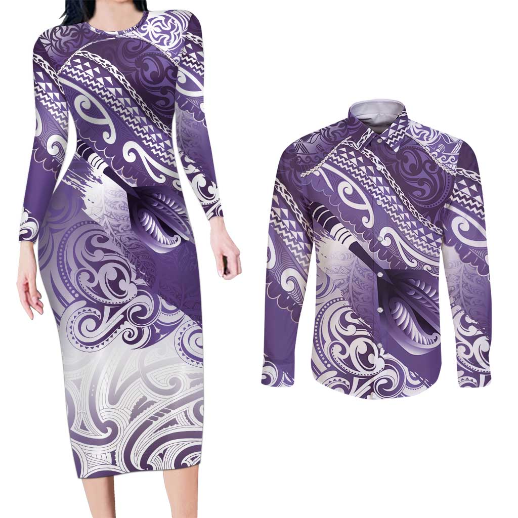 Personalised New Zealand Aotearoa Darts Masters Couples Matching Long Sleeve Bodycon Dress and Long Sleeve Button Shirt Maori Art Tattoo with Tribal Dart Symbol Purple - Polynesian Pride