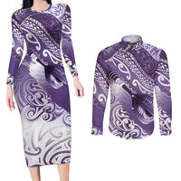 Personalised New Zealand Aotearoa Darts Masters Couples Matching Long Sleeve Bodycon Dress and Long Sleeve Button Shirt Maori Art Tattoo with Tribal Dart Symbol Purple - Polynesian Pride