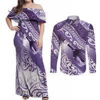 Personalised New Zealand Aotearoa Darts Masters Couples Matching Off Shoulder Maxi Dress and Long Sleeve Button Shirt Maori Art Tattoo with Tribal Dart Symbol Purple - Polynesian Pride