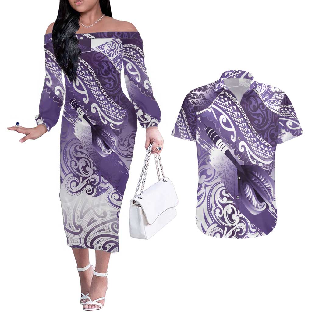 Personalised New Zealand Aotearoa Darts Masters Couples Matching Off The Shoulder Long Sleeve Dress and Hawaiian Shirt Maori Art Tattoo with Tribal Dart Symbol Purple - Polynesian Pride