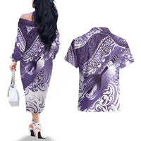 Personalised New Zealand Aotearoa Darts Masters Couples Matching Off The Shoulder Long Sleeve Dress and Hawaiian Shirt Maori Art Tattoo with Tribal Dart Symbol Purple - Polynesian Pride