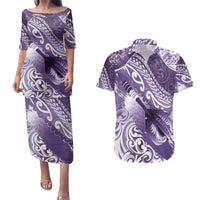 Personalised New Zealand Aotearoa Darts Masters Couples Matching Puletasi and Hawaiian Shirt Maori Art Tattoo with Tribal Dart Symbol Purple - Polynesian Pride