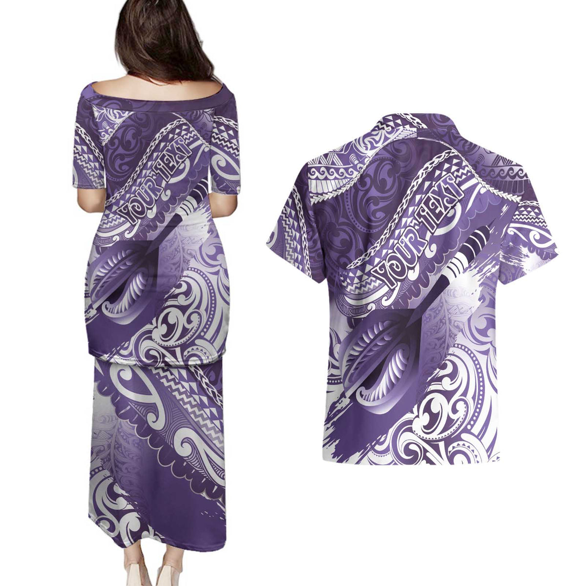 Personalised New Zealand Aotearoa Darts Masters Couples Matching Puletasi and Hawaiian Shirt Maori Art Tattoo with Tribal Dart Symbol Purple - Polynesian Pride