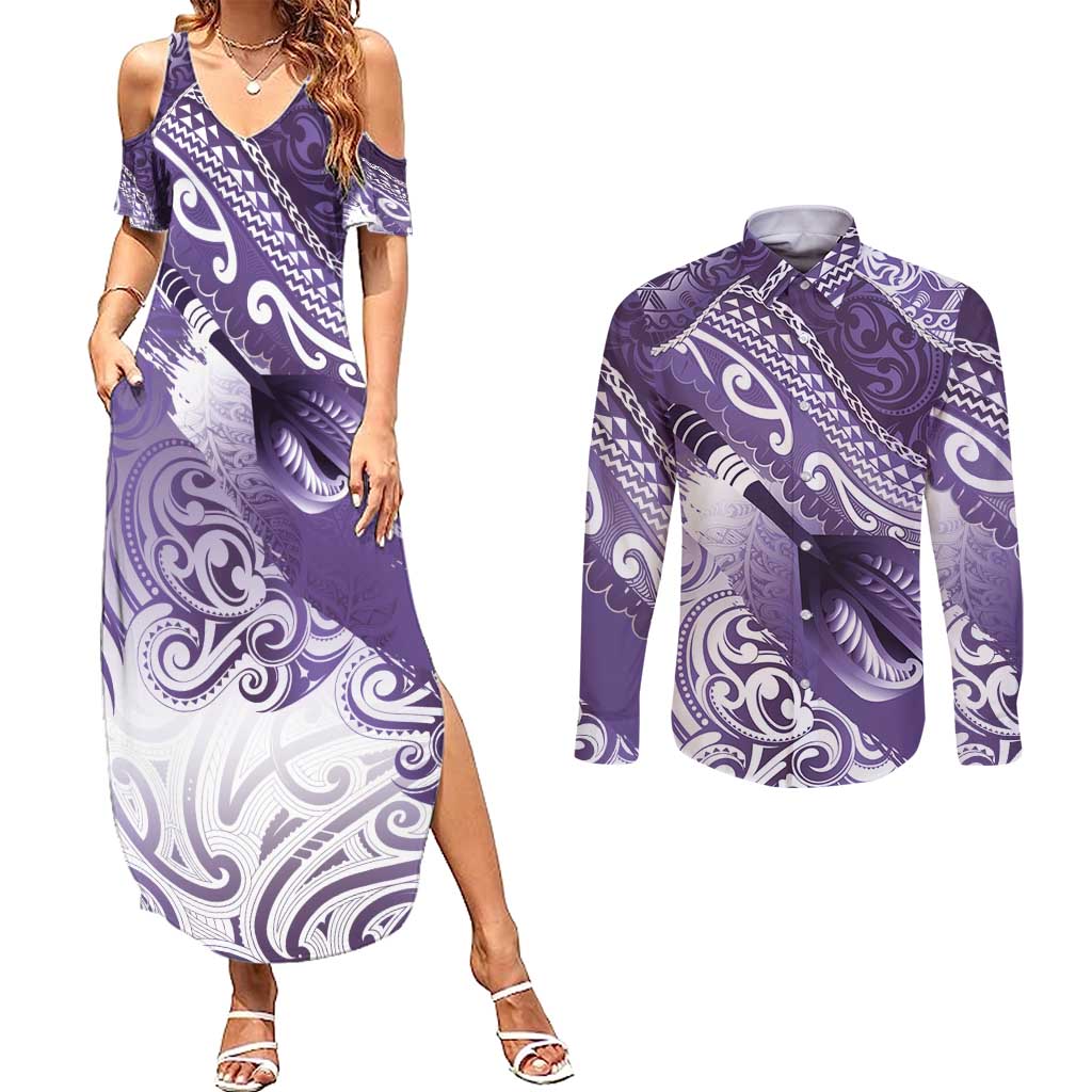Personalised New Zealand Aotearoa Darts Masters Couples Matching Summer Maxi Dress and Long Sleeve Button Shirt Maori Art Tattoo with Tribal Dart Symbol Purple - Polynesian Pride