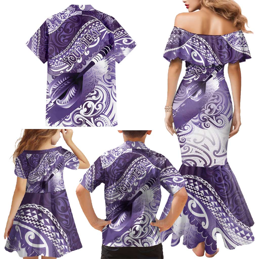 Personalised New Zealand Aotearoa Darts Masters Family Matching Mermaid Dress and Hawaiian Shirt Maori Art Tattoo with Tribal Dart Symbol Purple - Polynesian Pride