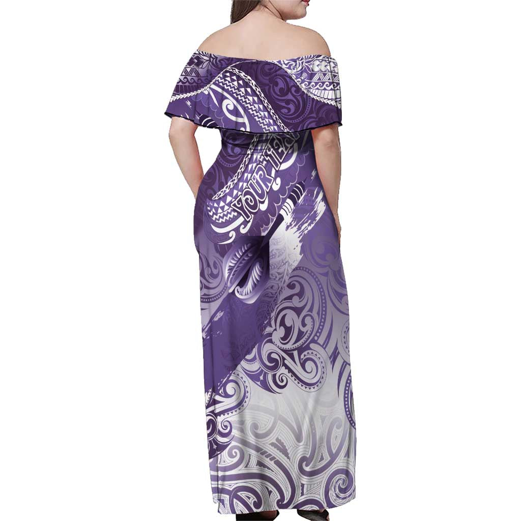 Personalised New Zealand Aotearoa Darts Masters Family Matching Off Shoulder Maxi Dress and Hawaiian Shirt Maori Art Tattoo with Tribal Dart Symbol Purple - Polynesian Pride