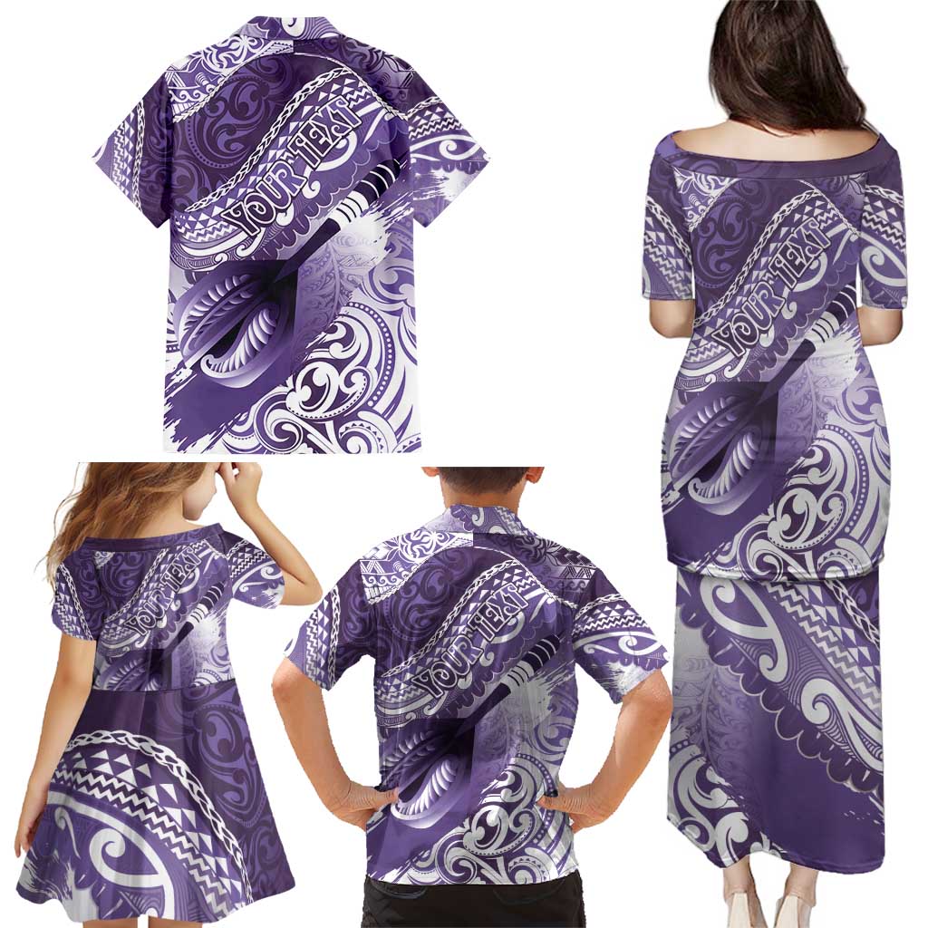 Personalised New Zealand Aotearoa Darts Masters Family Matching Puletasi and Hawaiian Shirt Maori Art Tattoo with Tribal Dart Symbol Purple - Polynesian Pride