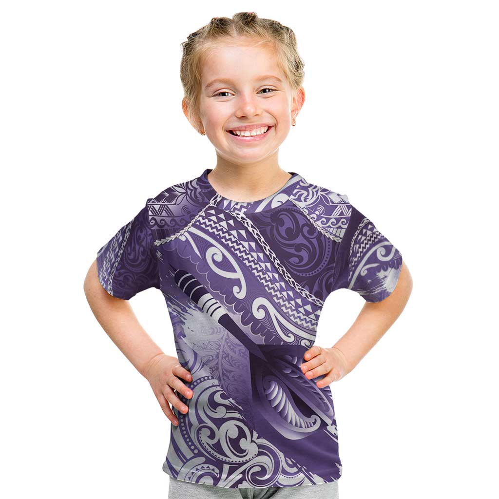 Personalised New Zealand Aotearoa Darts Masters Kid T Shirt Maori Art Tattoo with Tribal Dart Symbol Purple - Polynesian Pride