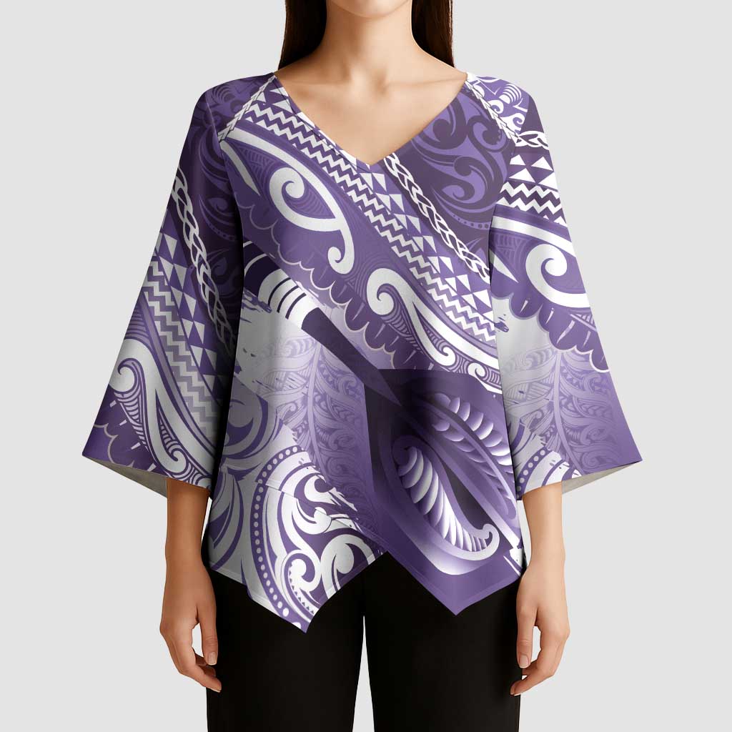 Personalised New Zealand Aotearoa Darts Masters Kimono Sleeve Blouse Maori Art Tattoo with Tribal Dart Symbol Purple - Polynesian Pride