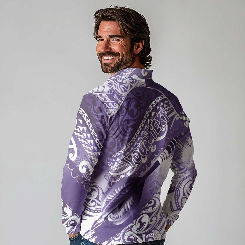 Personalised New Zealand Aotearoa Darts Masters Long Sleeve Polo Shirt Maori Art Tattoo with Tribal Dart Symbol Purple - Polynesian Pride