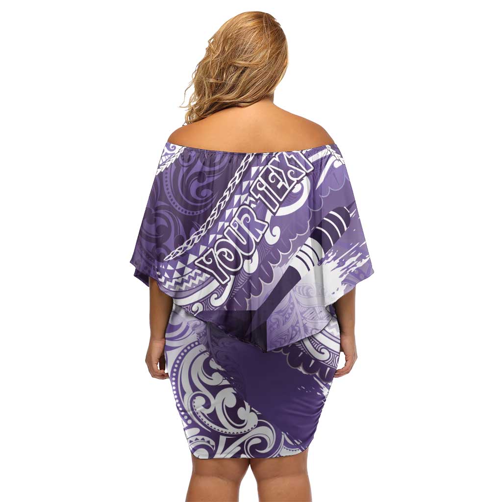Personalised New Zealand Aotearoa Darts Masters Off Shoulder Short Dress Maori Art Tattoo with Tribal Dart Symbol Purple - Polynesian Pride