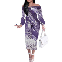 Personalised New Zealand Aotearoa Darts Masters Off The Shoulder Long Sleeve Dress Maori Art Tattoo with Tribal Dart Symbol Purple - Polynesian Pride